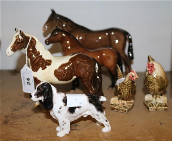 3 Beswick horses, Royal Doulton dog and 2 later chickens